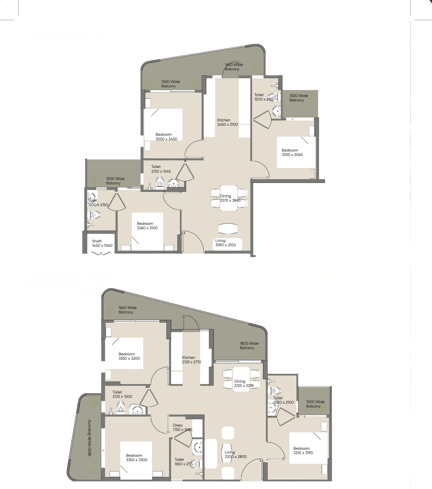 WAL Serenia Unit Type 1 - 3 BHK 1,250 sq ft Floor Plan Architectural Layout